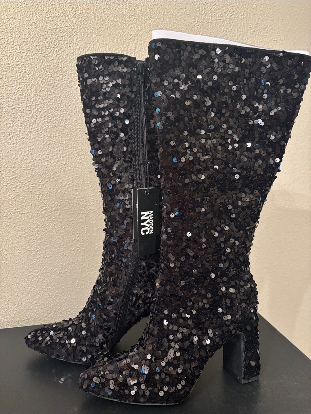 Madden NYC Women’s Black Sequin Knee-High Block Heel Boots